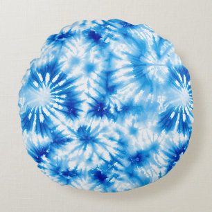 Blue White Tie Dye Round Cushion