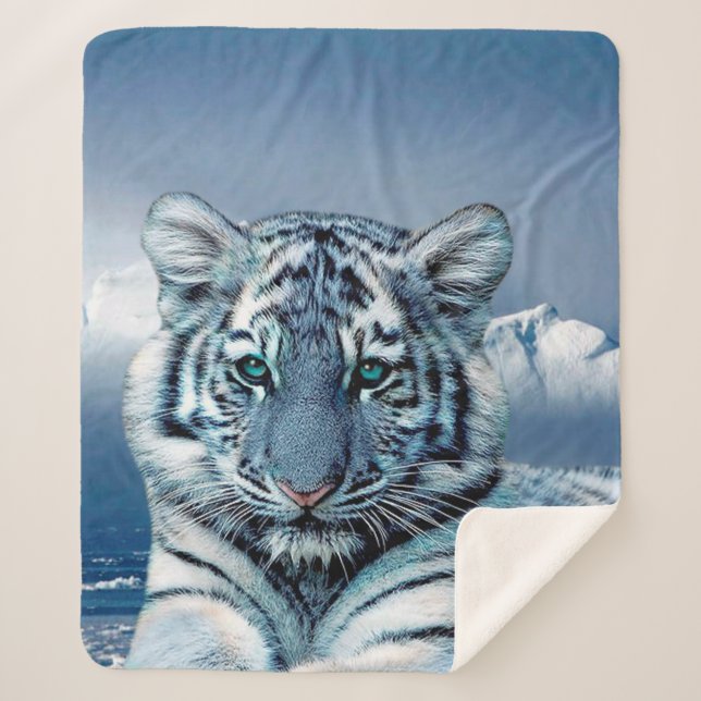 Blue White Tiger Sherpa Blanket (Front)
