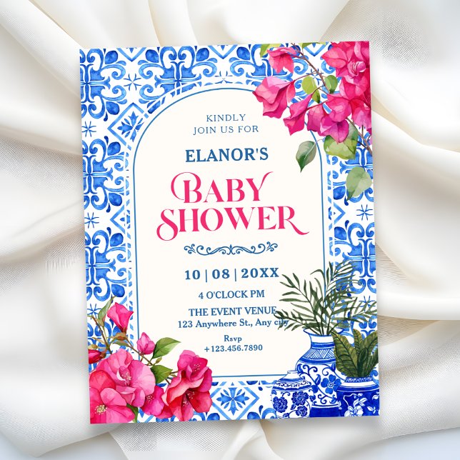 Blue white tile artistic baby shower invitation (Creator Uploaded)