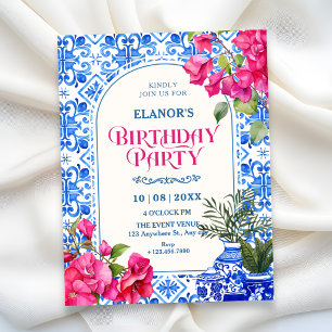 Blue white tile artistic birthday invitation