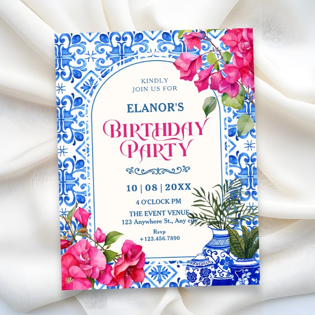 Blue white tile artistic birthday invitation (Creator Uploaded)