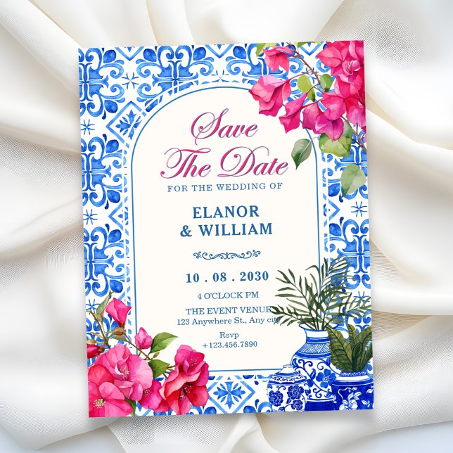 Blue white tile artistic save the date (Creator Uploaded)