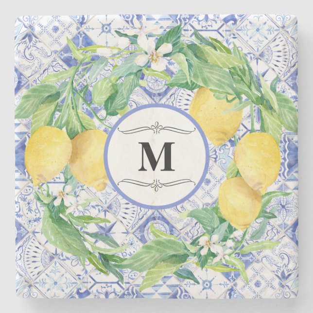 Blue White Tile Lemon Citrus Wreath Farmhouse Art Stone Coaster (Front)