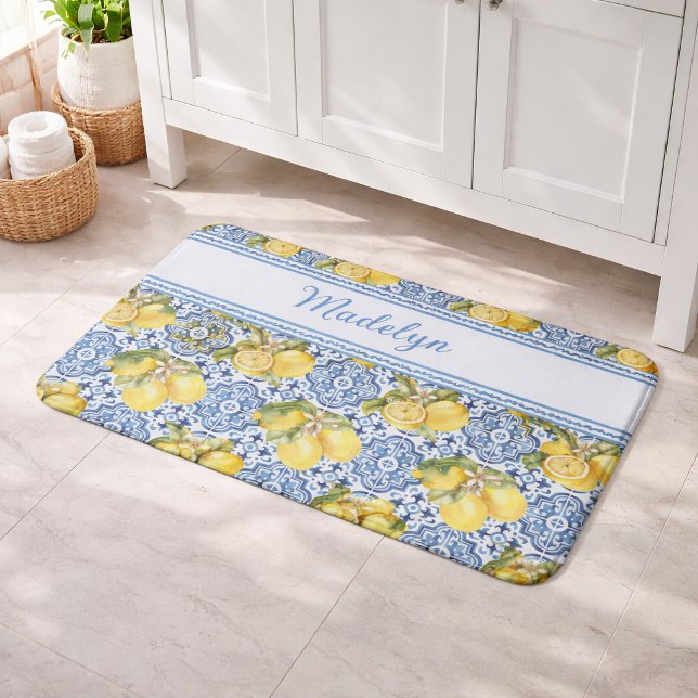 Blue White Tile Lemon Mediterranean Pattern Name Bath Mat (Creator Uploaded)