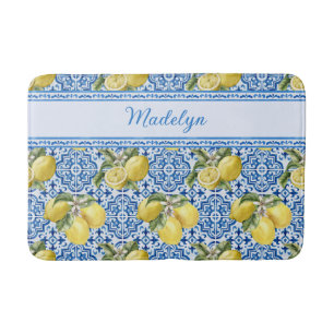 Blue White Tile Lemon Mediterranean Pattern Name Bath Mat