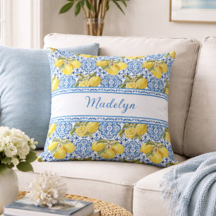 Blue White Tile Lemon Mediterranean Pattern Name Cushion