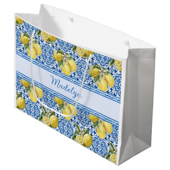 Blue White Tile Lemon Mediterranean Pattern Name Large Gift Bag (Front Angled)