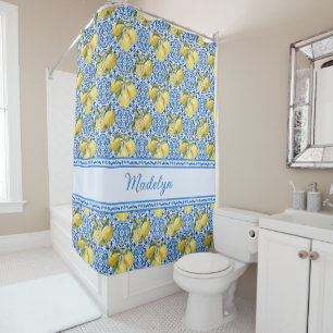 Blue White Tile Lemon Mediterranean Pattern Name Shower Curtain