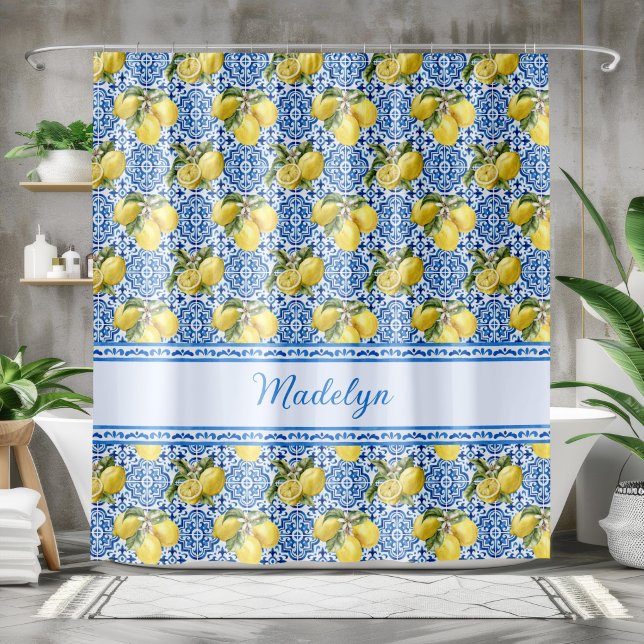 Blue White Tile Lemon Mediterranean Pattern Name Shower Curtain (Creator Uploaded)