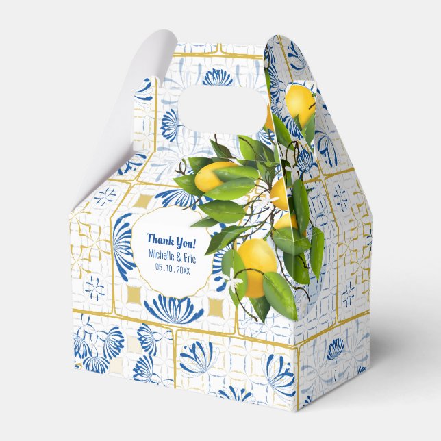 Blue White Tile Lemon Mediterranean Wedding Favour Box (Front Side)