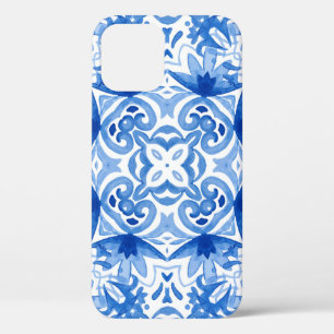 Blue white tile, watercolor seamless pattern. iPhone 12 case