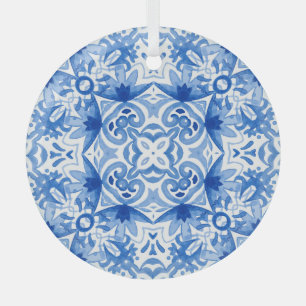 Blue white tile, watercolor seamless pattern. glass tree decoration