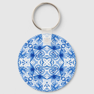 Blue white tile, watercolor seamless pattern. key ring