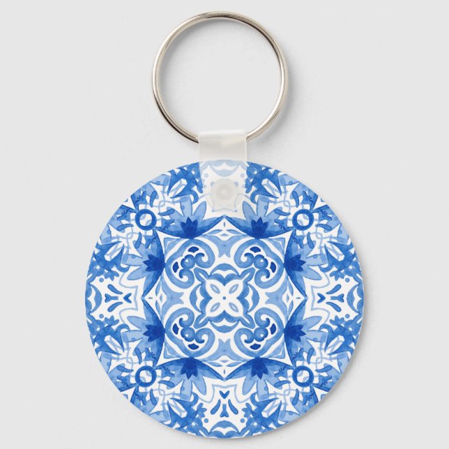 Blue white tile, watercolor seamless pattern. key ring (Front)