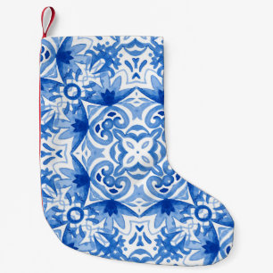 Blue white tile, watercolor seamless pattern. small christmas stocking