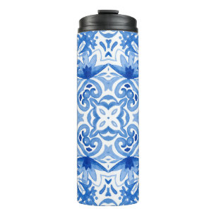 Blue white tile, watercolor seamless pattern. thermal tumbler