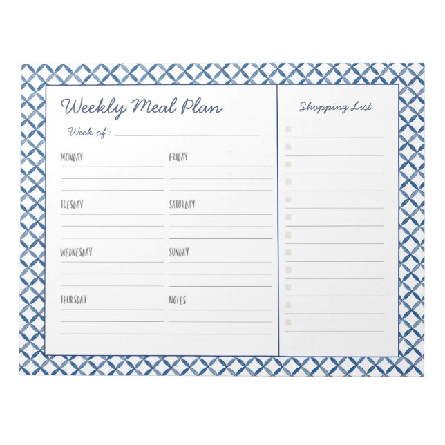 Blue & White Tile Weekly Meal Planer  Notepad (Front)