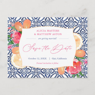 Blue White Tiles Pink Citrus Wedding Save The Date Postcard
