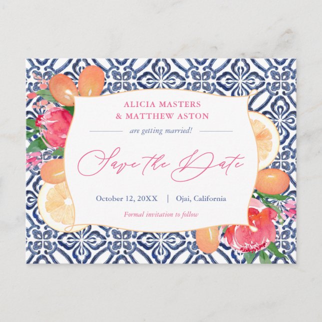 Blue White Tiles Pink Citrus Wedding Save The Date Postcard (Front)