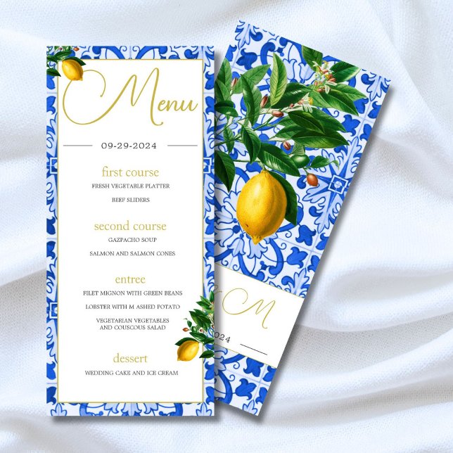  Blue White Tiles Summer Lemons Monogram Menu (Creator Uploaded)