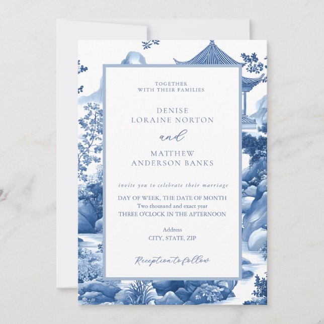 Blue & White Toile Chinoiserie Blue Pagoda Wedding Invitation (Front)