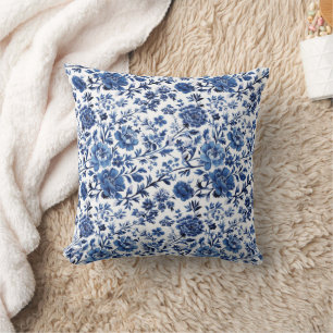 Blue White Toile Chinoiserie Watercolor Floral Cushion