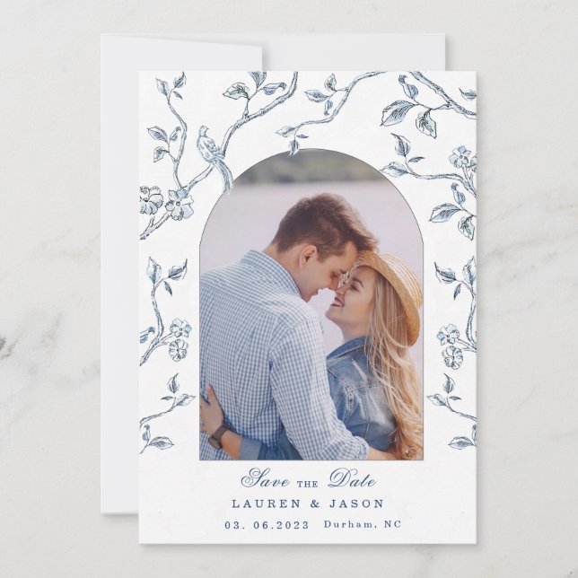 Blue & white Toile Couples Photo Save the Date  Invitation (Front)