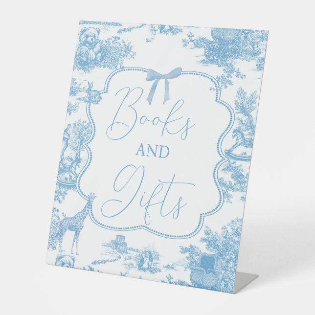 Blue White Toile de Jouy Bear Books and Gifts Pedestal Sign (Front)