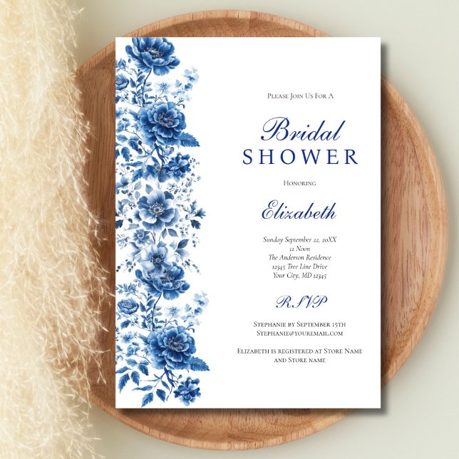 Blue White Toile Floral Botanical Bridal Shower Invitation (Blue Watercolor Florals Toile Chinoiserie Bridal Shower Invitation. Printed or Digital Download)