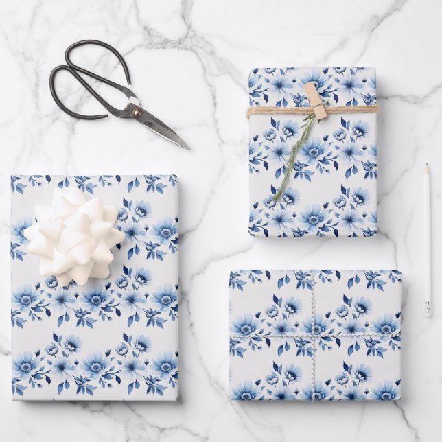 Blue White Toile Floral Wedding Baby Shower  Wrapping Paper Sheet (Front)