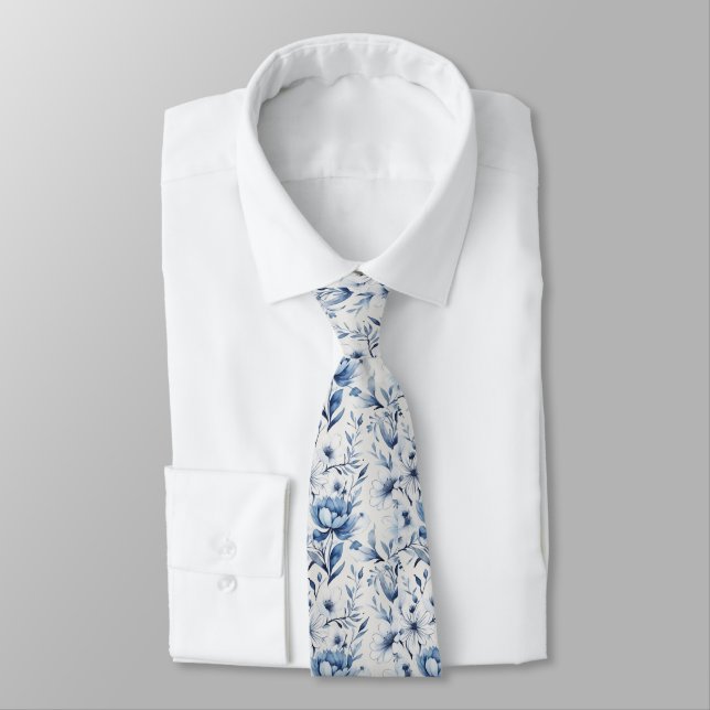 Blue White Toile Floral Wedding Groomsmen Groom Tie (Tied)