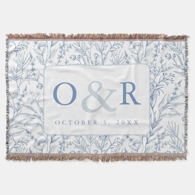 Blue & White Toile French Floral Monogram Blanket (Front)