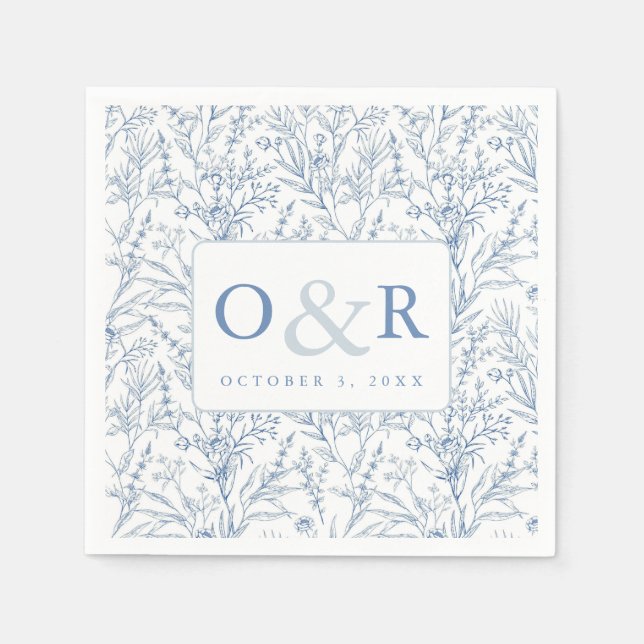 Blue & White Toile French Floral Monogram Napkins  (Front)