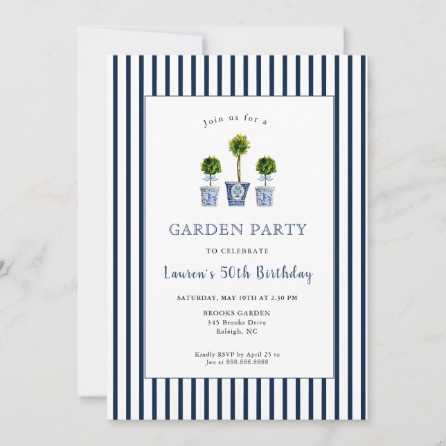Blue & White Topiaries Garden Birthday Party  Invitation (Front)