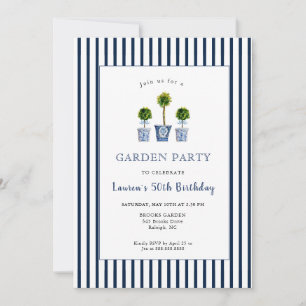 Blue & White Topiaries Garden Birthday Party Invitation