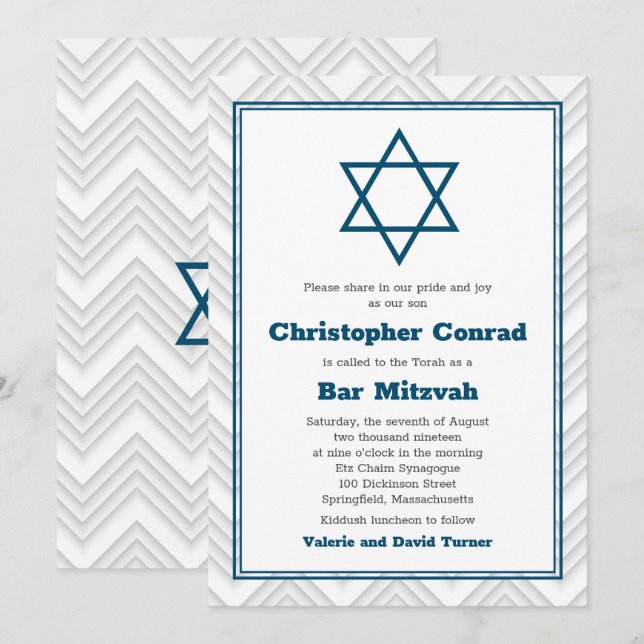 Blue White Traditional Bar Mitzvah Invitation (Front/Back)