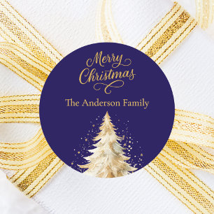 Blue white tree snow Christmas Classic Round Sticker