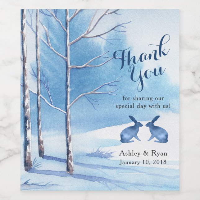 Blue White Trees Rabbit Winter Wedding Thank You Wine Label (Single Label)