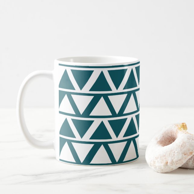 Blue White Triangle Stripes Geometric Pattern  Coffee Mug (With Donut)
