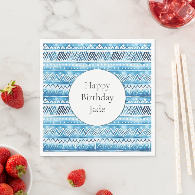 Blue White Tribal Stripes Birthday Napkin (Insitu)