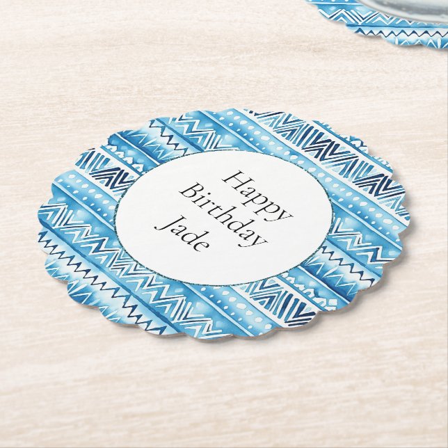 Blue White Tribal Stripes Birthday Paper Coaster (Angled)