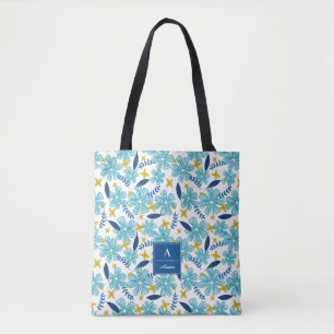 Blue White Tropical Floral Pattern - Add Your Name Tote Bag