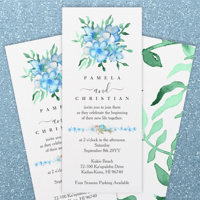 Blue, White Tropical Hibiscus Wedding Invitation (tropical blue hibiscus wedding bouquet, green leaves, beach wedding, watercolor sea turtle)