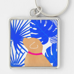 Blue White Tropical Island Yellow Dog Keychain