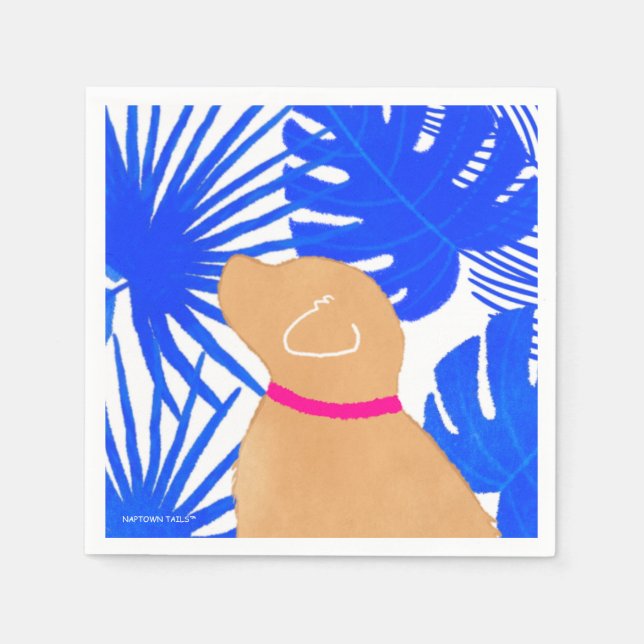Blue White Tropical Island Yellow Dog Party Napkin (Front)