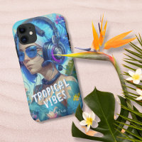 Blue White Tropical Vibes Female DJ Ilustration