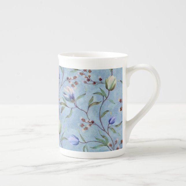Blue & White Tulips Anemones Pattern   Bone China Mug (Right)