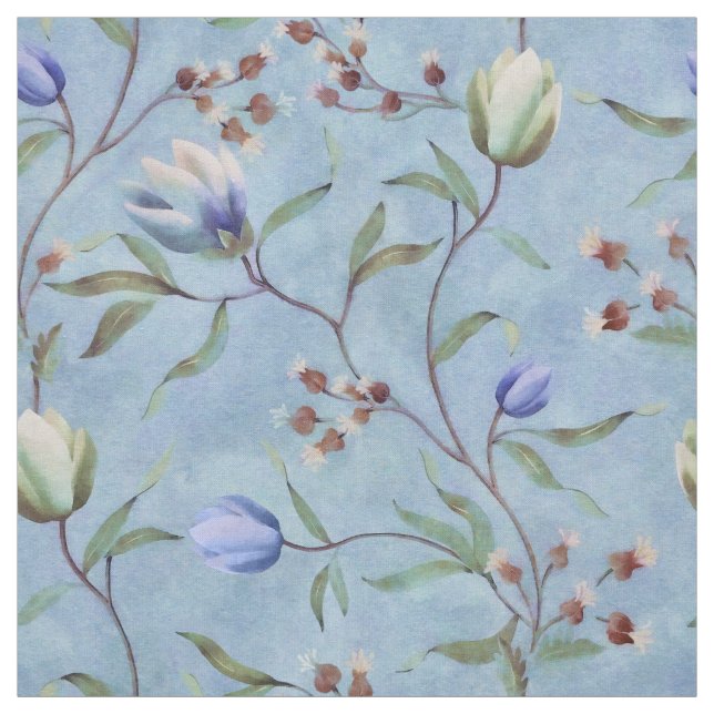 Blue & White Tulips Anemones Pattern Fabric (Swatch)