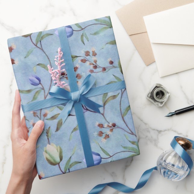 Blue & White Tulips Anemones Pattern  Wrapping Paper (Gifting)