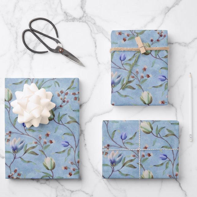 Blue & White Tulips Anemones Pattern Wrapping Paper Sheet (Front)